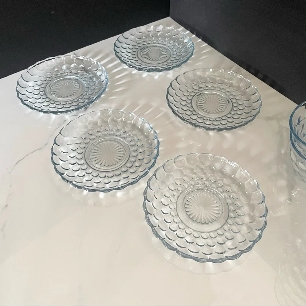 11 Piece SET - Blue Bubble Glass Cups & Saucers by Anchor Hocking